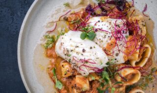 Mediterraner Kabeljau in Möhren-Tomatensauce mit Tintenfischringen