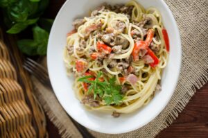 Spaghetti mit Sojahack, Champignons und Paprika